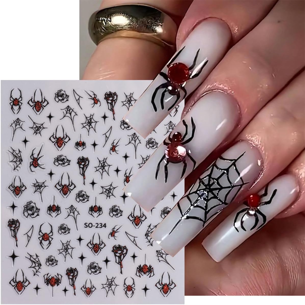 8 Sheets Strawberry Spider Halloween Nail Stickers - 3D Self-Adhesive Decals for Nail Art Design - Red, Black, Silver French Nail Art Supplies for Women