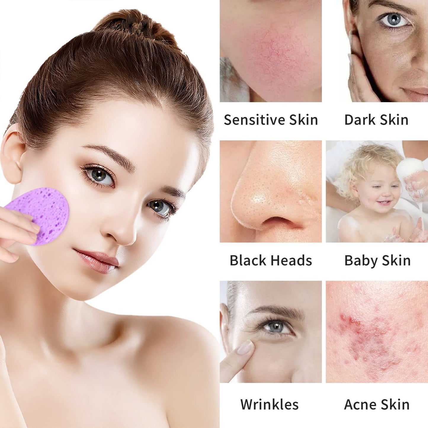 50-Count Facial Sponges Compressed Natural Cellulose Sponge Round Shape Face Sponge for Face Cleansing Exfoliating and Makeup Removal, Mixed Color