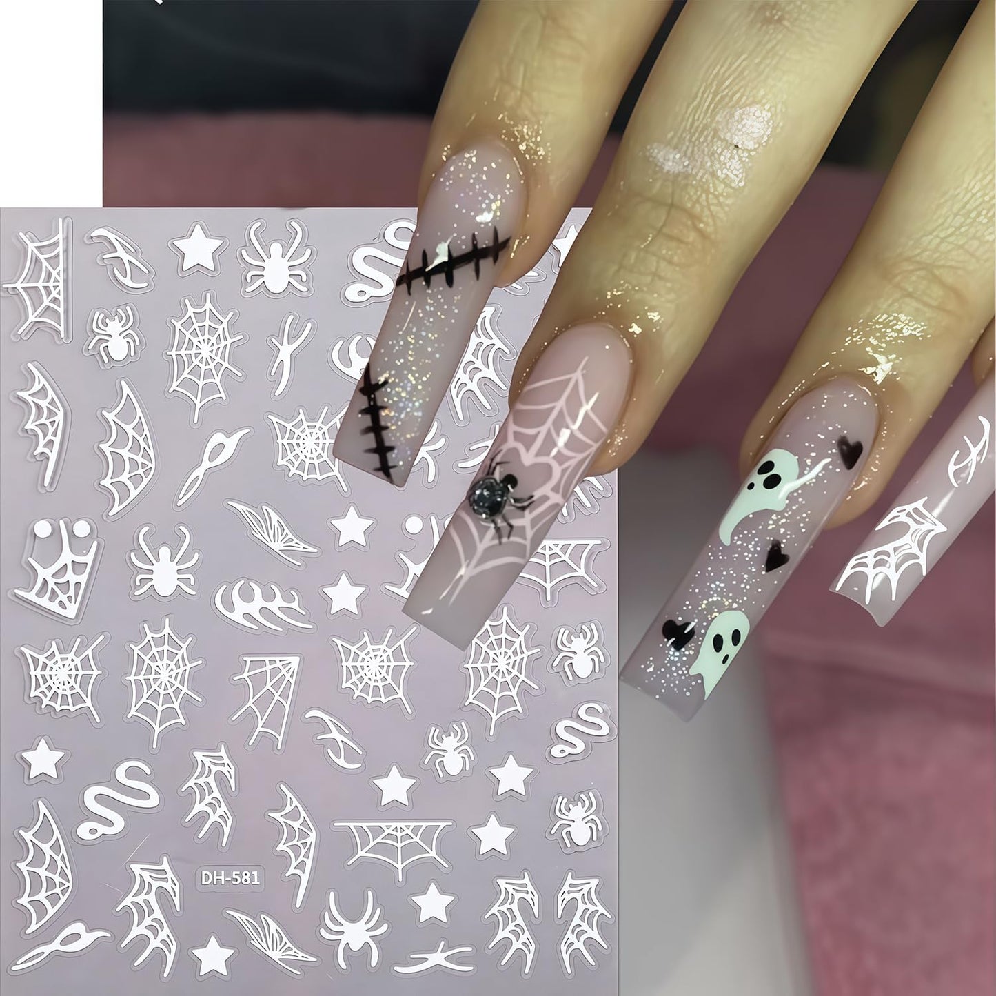 8 Sheets Halloween Nail Art Stickers Spider Web Nail Decals 3D Self-Adhesive Black Silver White Gold Snake Spiders Spider Web Nail Stickers Design Holiday Sticker for DIY Nails Decoration Accessories