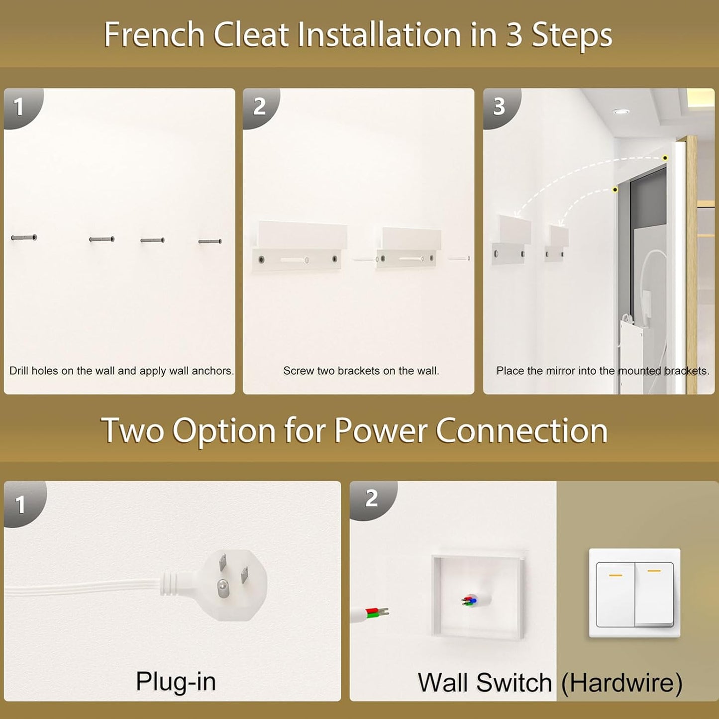 OKPAL 48x40 Gold LED Mirror for Bathroom with Frontlit & Backlit, Metal Framed Lighted Bathroom Mirror with Lights, Anti-Fog, Dimmable 3 Colors, Shatterproof, Horizontal/Vertical