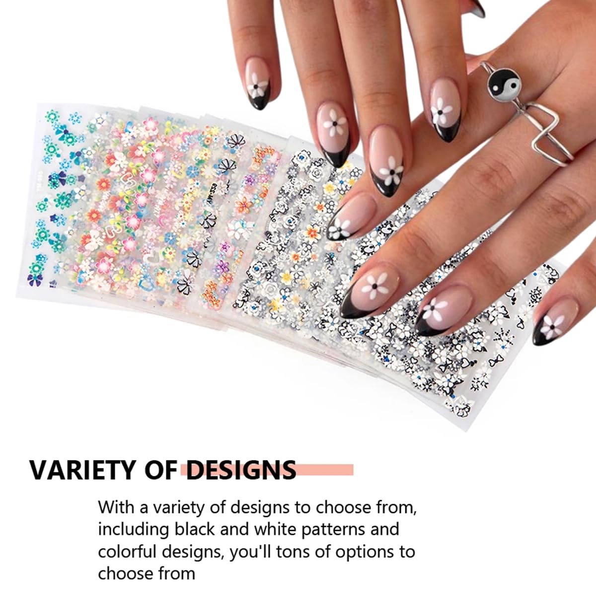 30 Sheets 3D Self-Adhesive Flower Nail Stickers - Black, White, Colorful Cherry Blossoms, Daisy Art for Gel Nails - Spring Design Supplies, DIY Charms Decoration for Women