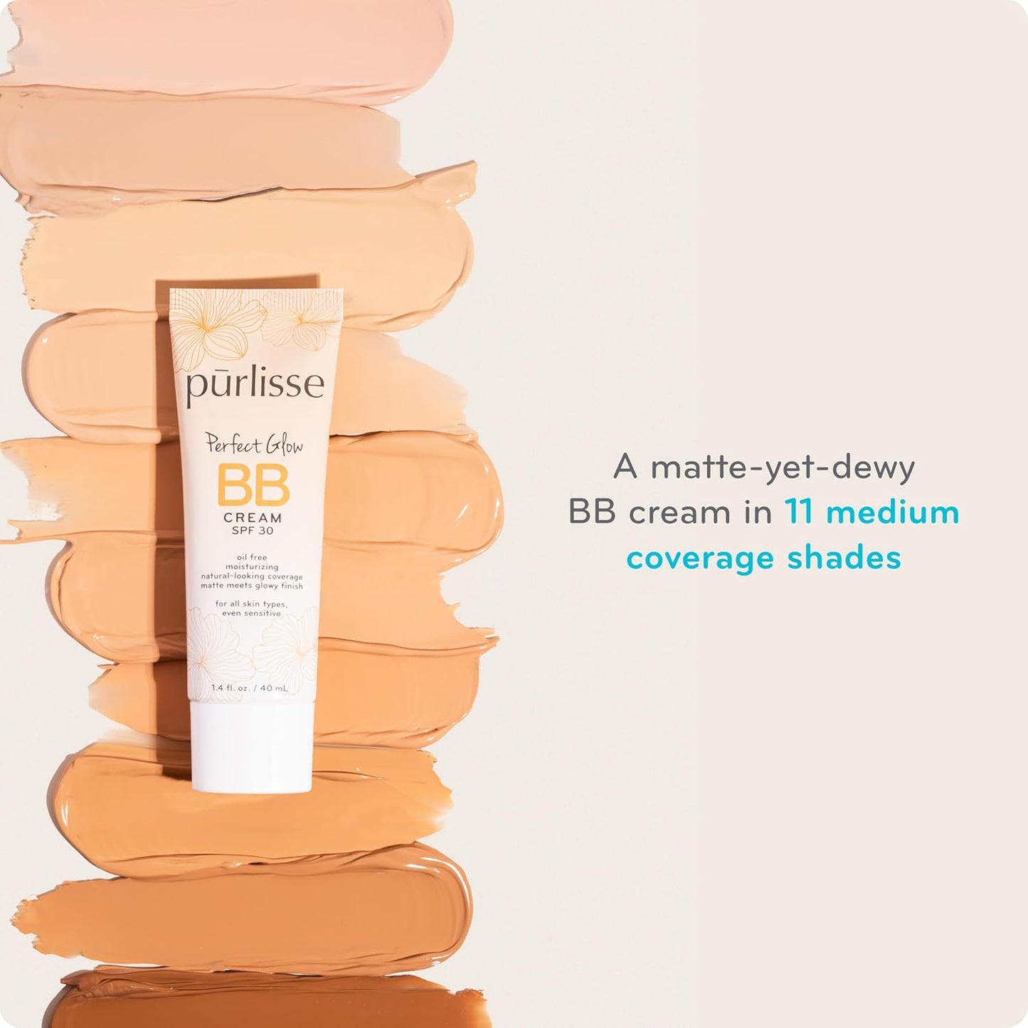pūrlisse Perfect Glow BB Cream with SPF 30 - Matte Meets Dewy Finish - Enriched with Goji & Hawthorn Berry to Help Improve Skin Texture & Radiance - Light Warm (1.4 oz)