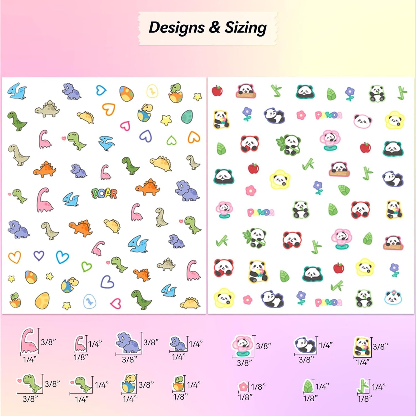 4 Sheets of 3D Nail Stickers - 292 Cute Nail Decals - Embossed Nail Stickers for Kids | Kawaii Theme - Flowers, Hearts, Bunny, Panda, Dinosaurs | Glow in The Dark