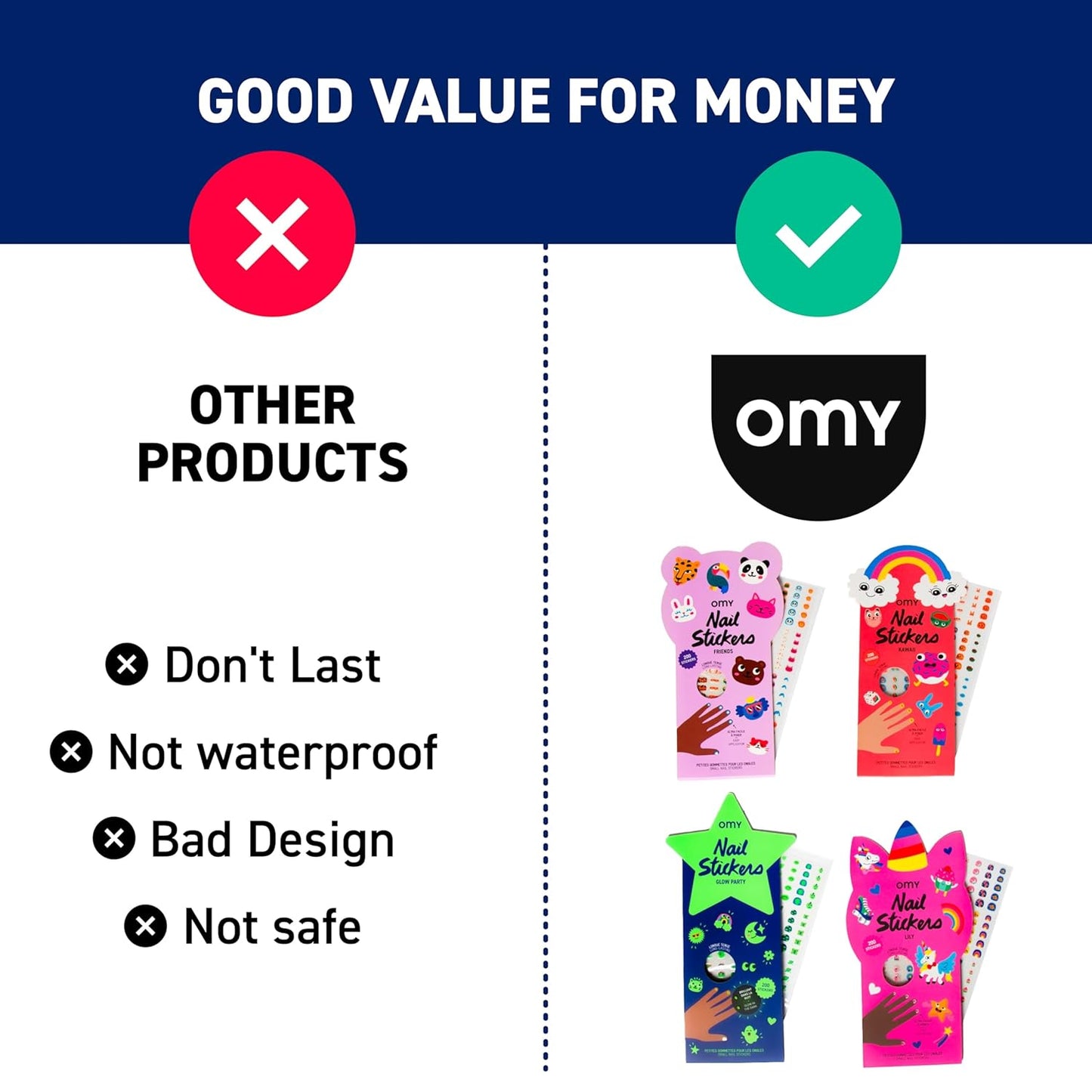 Omy Glow in The Dark Nail Stickers for Kids - 200 Stickers, Waterproof, Durable, Fun, Creative Designs | Strong Enough to Last Through Hand Washing - Easy to Apply, Safe, Non-Toxic | Age 3 and Up