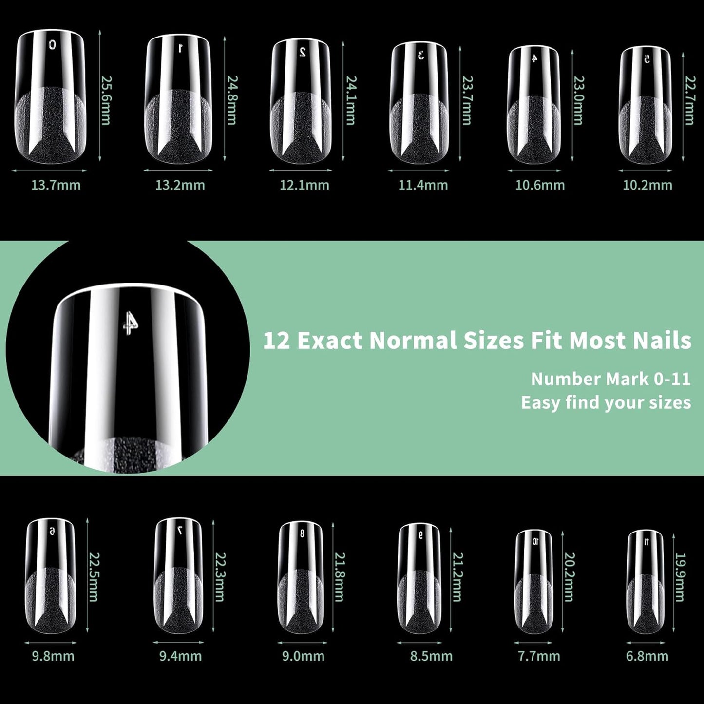 Medium Square Nail Tips, 216pcs Acrylic Fake Nails Gel Nail Tips Soft, Full Cover Pre-Shaped Matte Clear Press on Nails for Extension, Diy at Home Manicure 12 Sizes