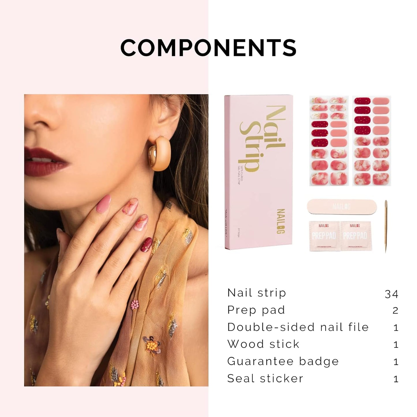 Nailog Semi Cured Gel Nail Strips 34 pcs | Long Lasting Nail Polish Sticker Wraps with Glossy Gel Finish | Rose Cloud