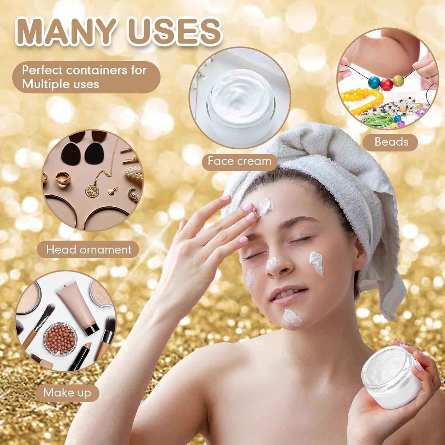 SATINIOR 100 Pcs Plastic Jars with Lids Small Containers Lids Wide Mouth Small Plastic Containers for Lotion Cream Rhinestones Body Butters Travel Storage(8 oz,Gold)