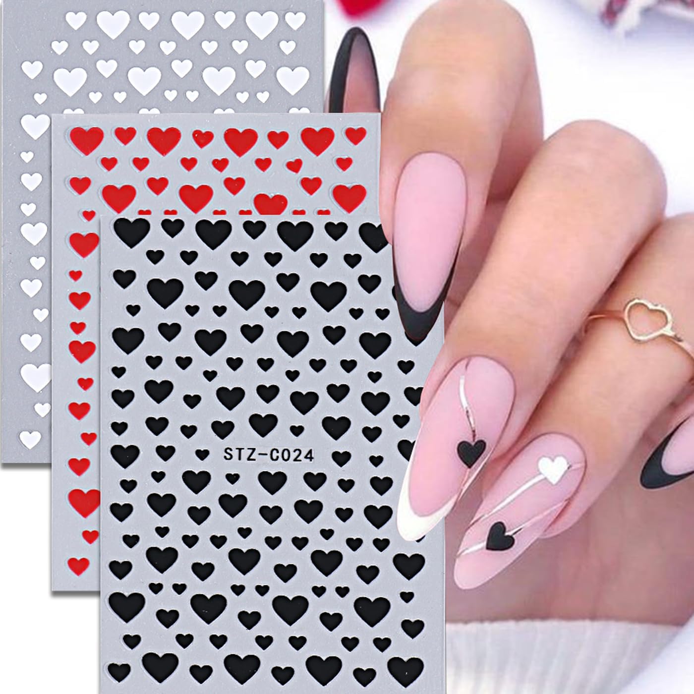 6PCS Valentine's Day Heart Nail Stickers - Love Art Supplies, 3D Self-Adhesive Decals, Black Red White Gold Design DIY Manicure Decor for Women