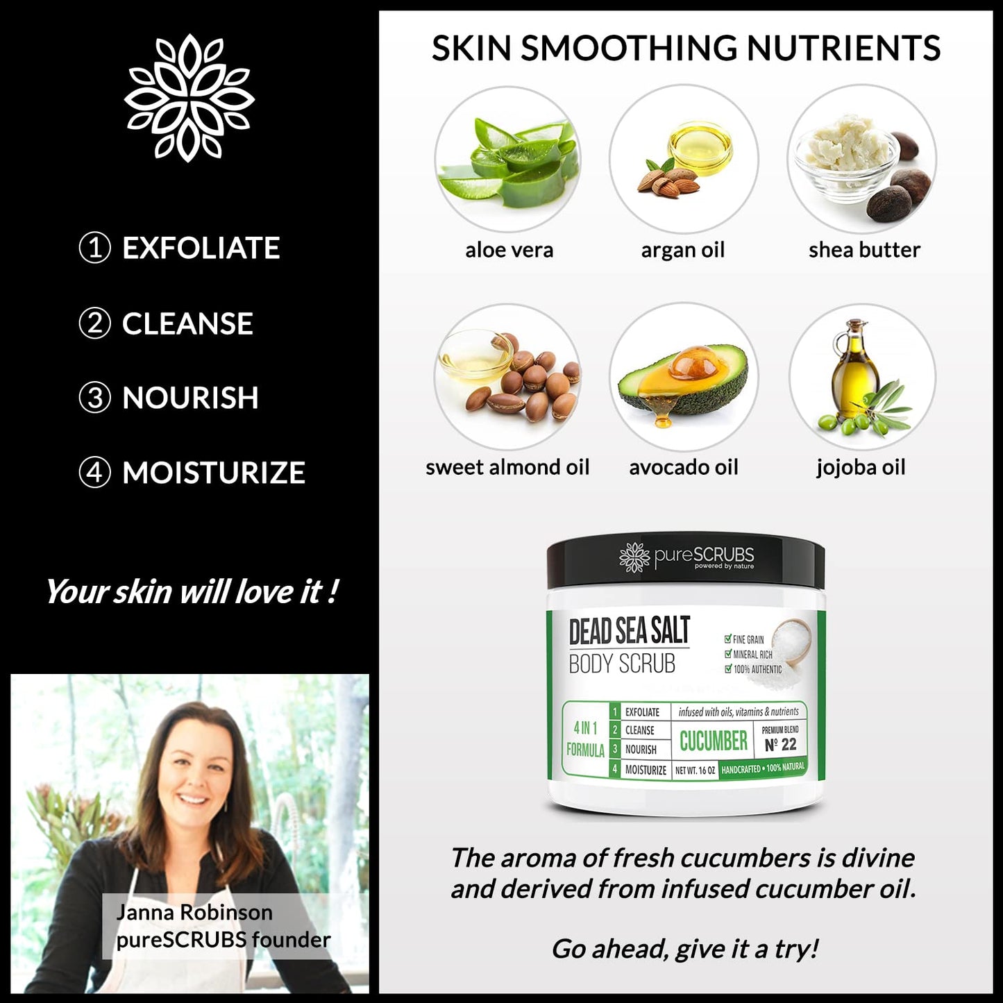 pureSCRUBS Premium Cucumber Body Scrub Set - Large 16oz Dead Sea Salt Body Scrub for Women Exfoliation KP Bump Eraser Body Scrub Includes Wooden Spoon, Loofah & Soap