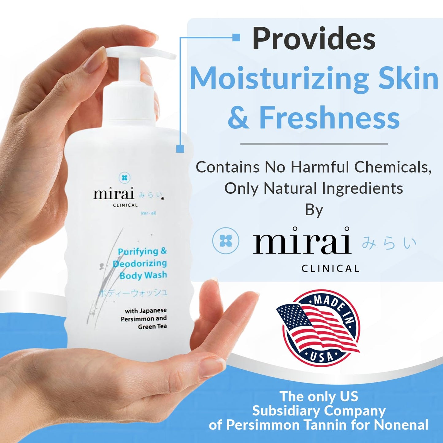 Mirai Clinical Body Wash for Strong Body Odor - Renewing Body Purifying & Deodorizing with Natural Persimmon & Green Tea Extracts - Nonenal Eliminator for Women & Men - 9.29 Fl oz