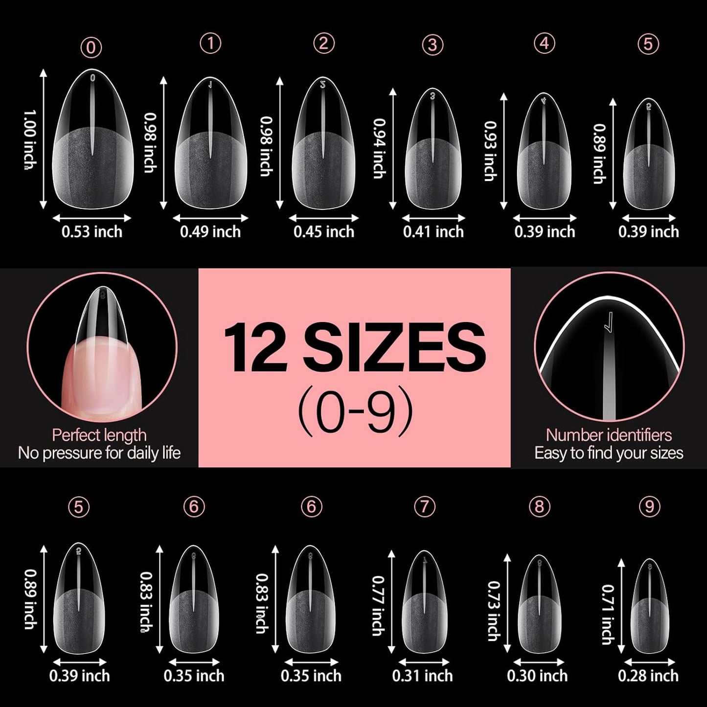 AILLSA Medium Almond Nail Tips Pre-Shaped Acrylic Nails Tips Half Matte Full Cover Tips Clear Gelly Press on Flase Nail Tips for Extension Nail Manicure Home DIY 216PCS 12Sizes