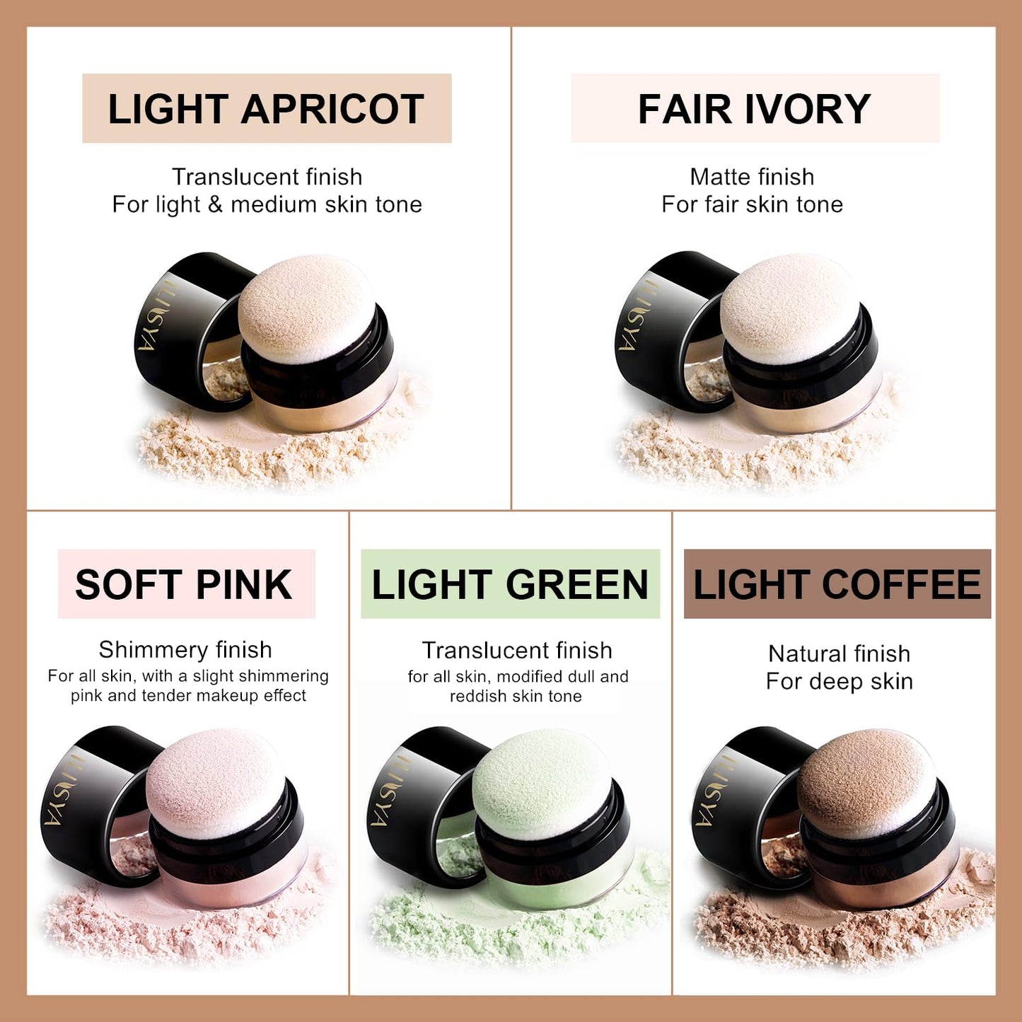 Setting Powder Lightweight Loose Powder Finishing Powder Long-Lasting Face Powder Waterproof with Soft Mushroom Powder Puff & Mirror, Natural Finish, (Light Coffee/Natural)- 3 Boxes