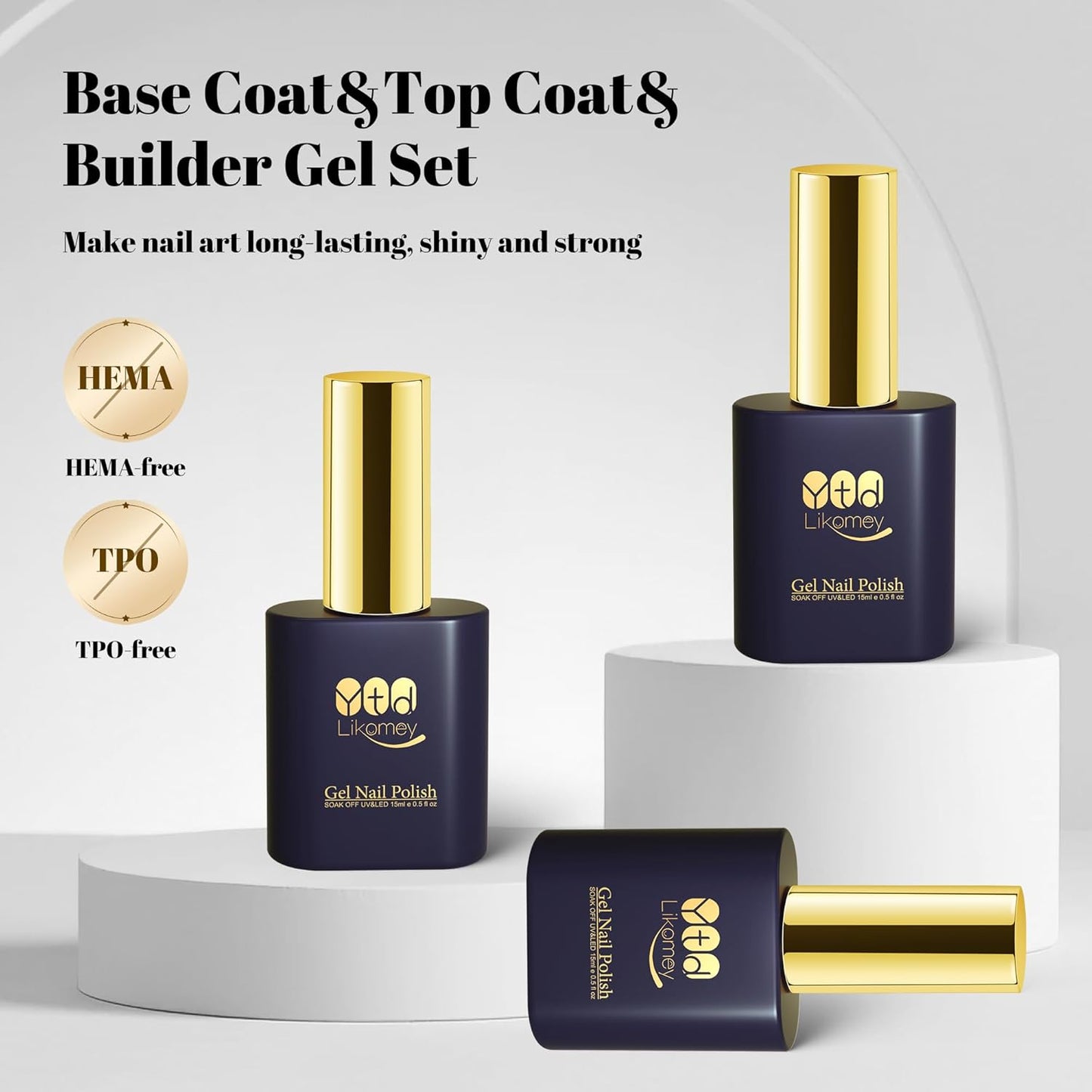 YTD Likomey Gel Nail Polish Base Coat Top Coat Builder Gel Set,3 Pcs 15ml No Wipe High Glossy Multi-Function Extension Long Lasting Reinforce Shaping Hard UV Nail Varnish Kit,HEMA Free