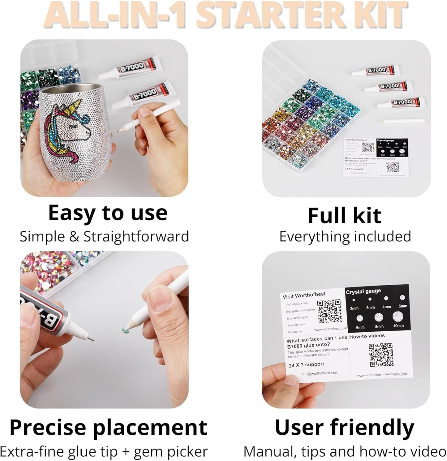 30000Pcs Resin Rhinestones Set for Crafting Bedazzling, Champagne Flatback Gems Jewels for Crafts Clothes Shoes Fabric Outfit Nails Makeup, Flat Back Crystal 2-6mm with b 7000 Glue