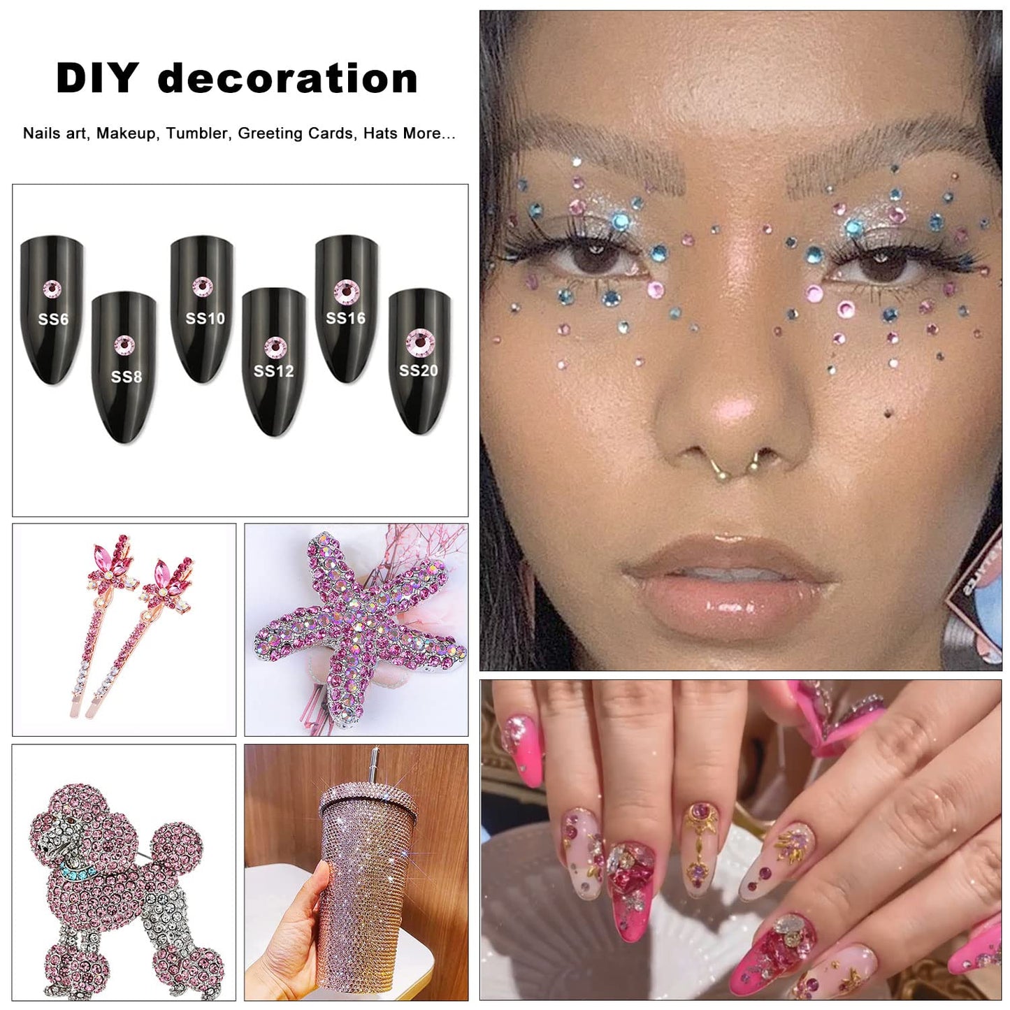 4240Pcs Flatback Pink Rhinestones Glass Crystal Gemstones for Nail Art Jewels Makeup Shiny Round with Tweezers and Picking Pen (SS6~SS20 Set)