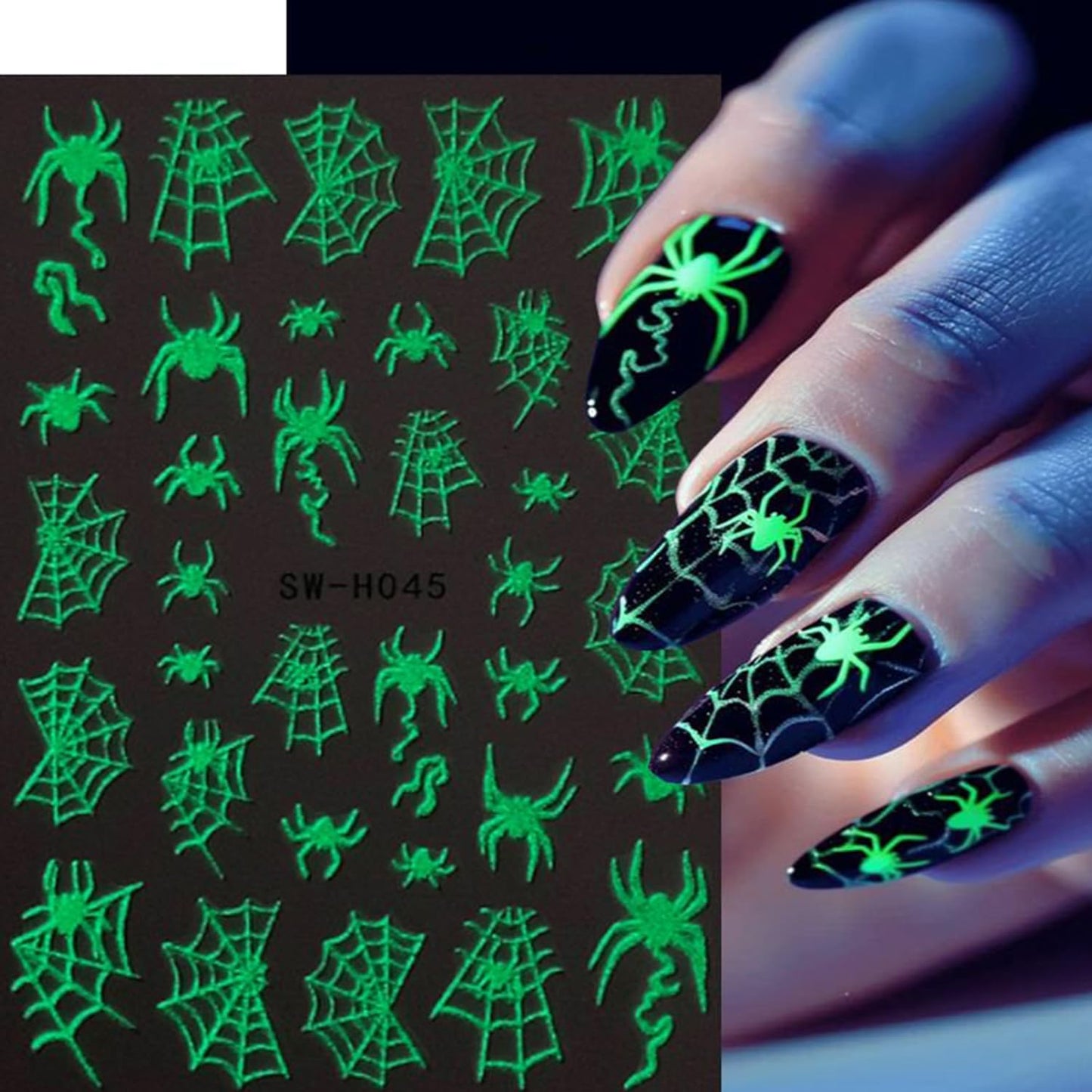 6 Sheets Halloween Nail Art Stickers 3D Self -Adhesive Luminous Skeleton Head and Hand Nail Decals Holographic Spider Web Snake Nail Stickers Halloween Nail Decoration for Women Manicure Supplies
