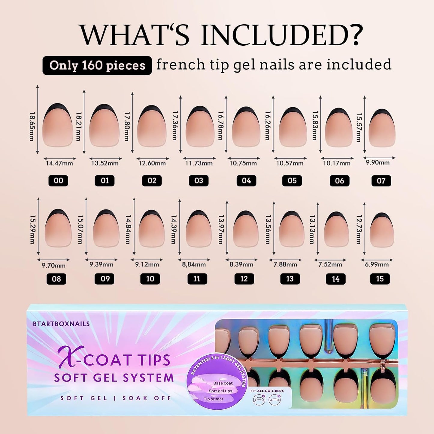 BTArtboxnails XCOATTIPS French Gel Nails - Black French Tip Press on Nails, Soft Gel Extra Short Almond Nail Tips, Press on Nails Acrylic Nail, Soak Off Fake Nails Extension