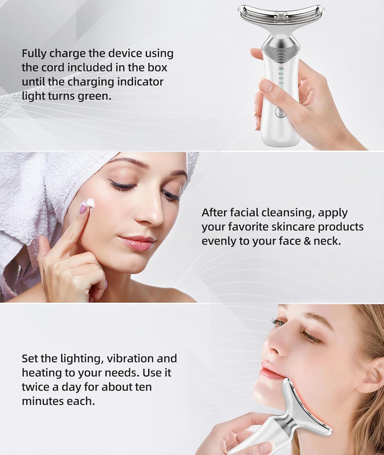 9-in-1 Red-Light-Therapy-for-Face-and-Neck, Portable Facial Massager Tool with Adjustable Vibration & Thermals for Wrinkles, Double Chin, White