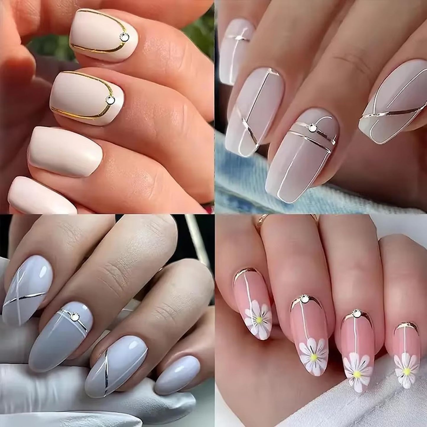 4 Sheets French Tip Nail Art Stickers Luxury Crystal Rhinestones with Stripe Lines French Gold Silver Rose Black Design 3D Nail Supplies for Women Girls DIY Manicure Art Accessories Metallic Set