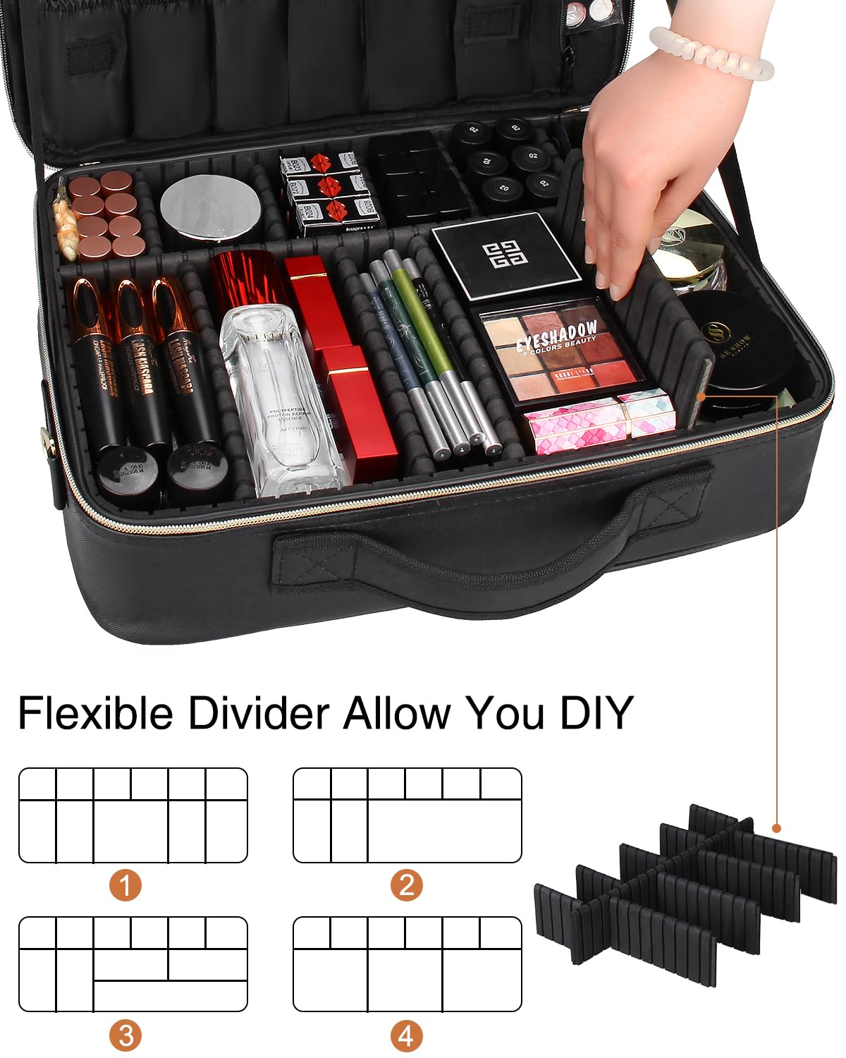 MONSTINA Large Makeup Travel Case Bag,Professional Makeup Artist Train Case with Brush organizer,Large Capacity Cosmetic Bag with Zipper Pocket and Adjustable Compartment(PU Leather Black)