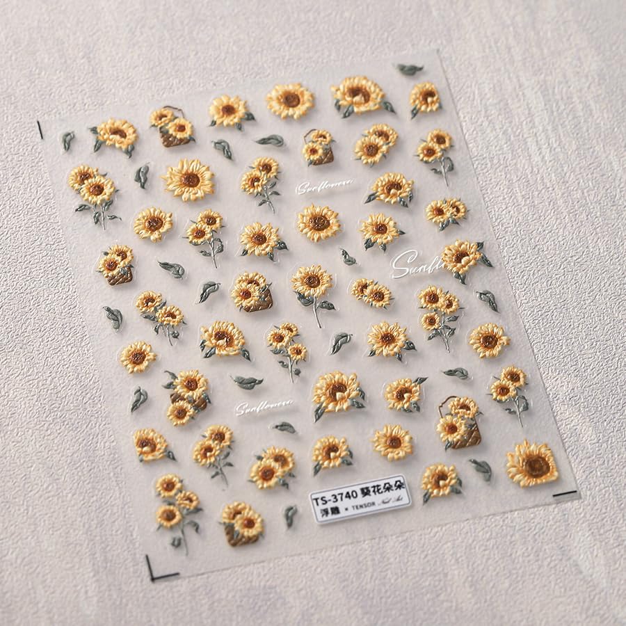 Flower Nail Art Stickers 5D Embossed Sunflower Nail Stickers for Nail Art Self-Adhesive Summer Nail Design Stickers Nail Supplies DIY Nail Decals 1 Sheet (1, Sunflower)