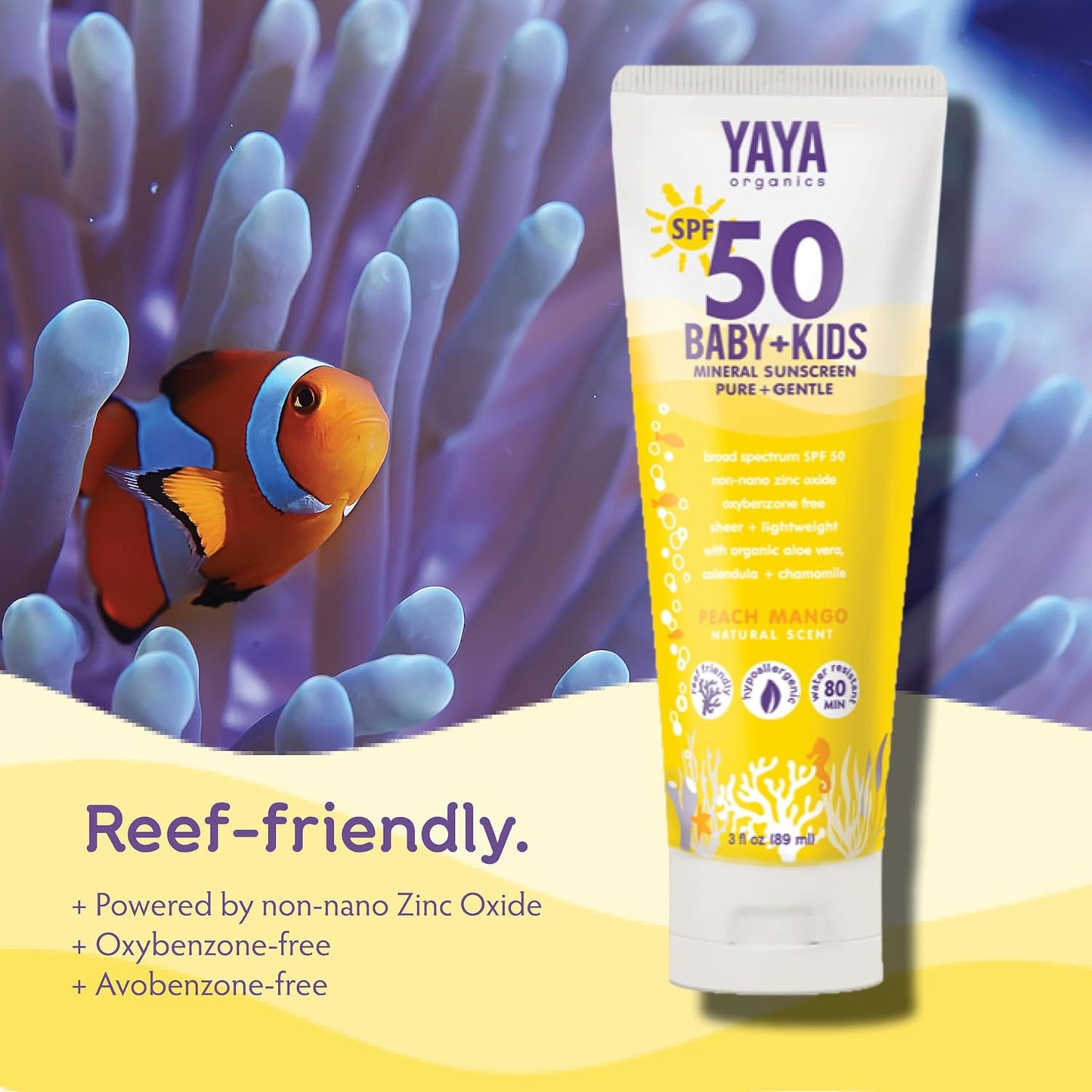 YAYA ORGANICS Baby + Kids Mineral Sunscreen Lotion, SPF 50, Reef-Friendly, Non-Nano Zinc Oxide, Water-Resistant, Hypoallergenic, Pure + Gentle for delicate skin, 3 oz
