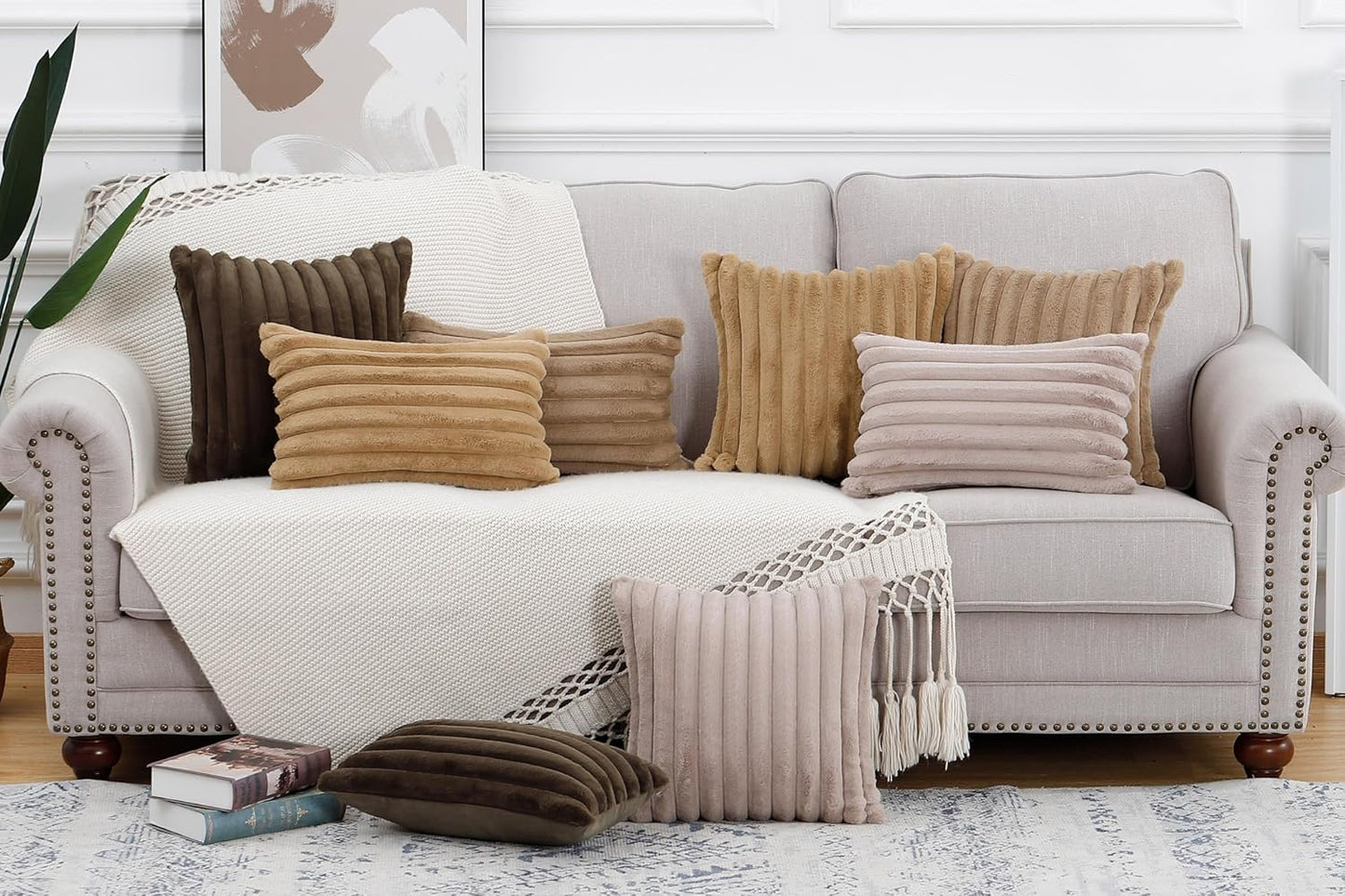 MADIZZ Set of 2 Faux Wool Plush Decorative Throw Pillow Covers 20x20 Inch Camel Fluffy Striped Soft Decorative Cushion Cover for Sofa Bedroom Pillow Shell