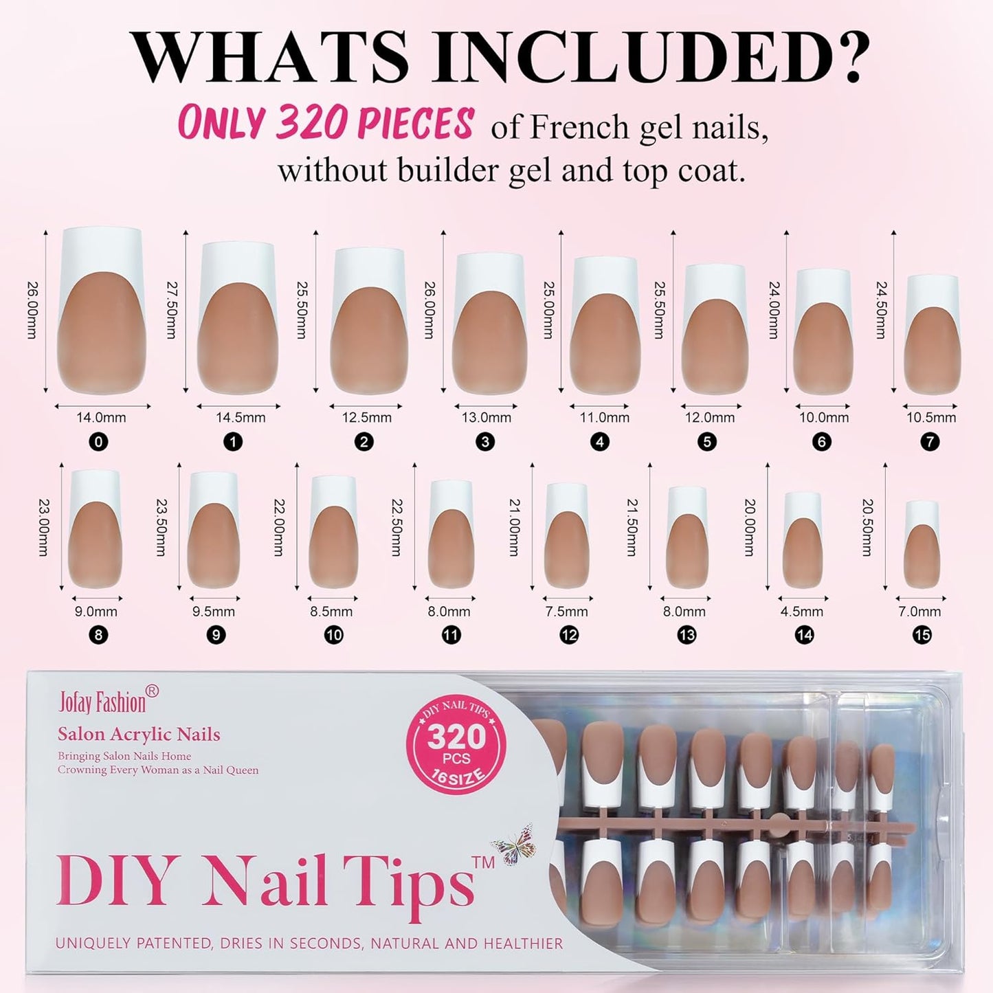 French Gel Nail Tips - Jofay Fashion French Tip Press on Nails, 10-Piece Set 320Pcs Brown Long Square Nail Tips, No Need to File Acrylic Fake Nails for Nail Art DIY & Nail Extension, 16 Sizes