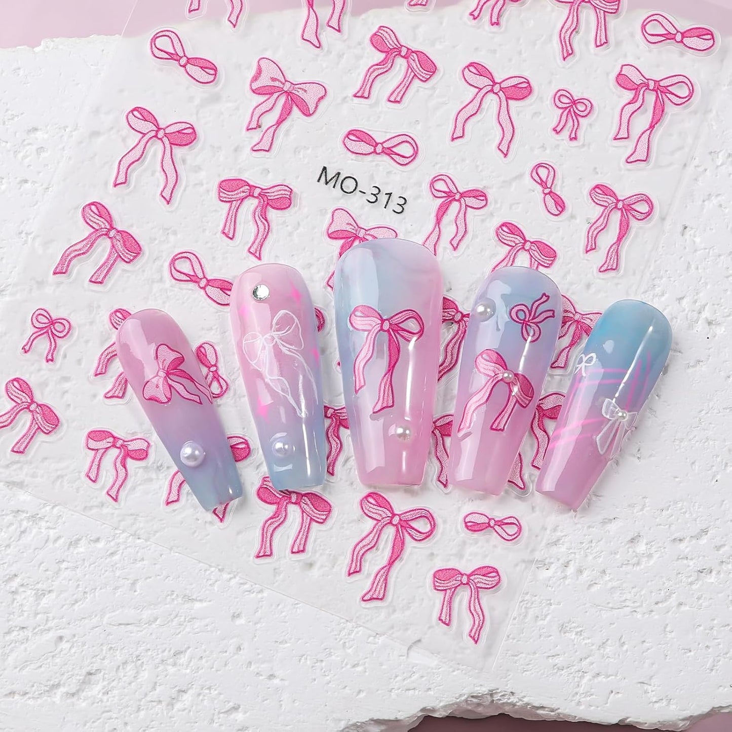 Bow Nail Art Stickers 3 Sheets 5D Embossed Self Adhesive Nail Decals Pink White Bow Nail Stickers Cute Elegant Lace Design Nail Art Supplies for Women DIY Manicure Decorations