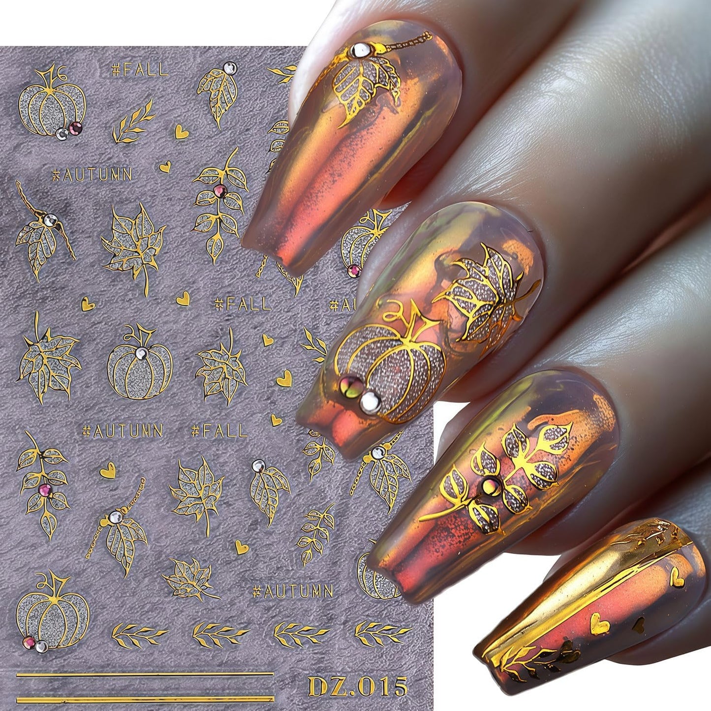 Fall Nail Art Stickers 2 Sheets Gold Pumpkin Nail Decals 3D Self-Adhesive Thanksgiving Day Nails Art Decorations with Glitter Rhinestone Pumpkin Maple Leaf Pattern Nail Decals for Women Holiday DIY