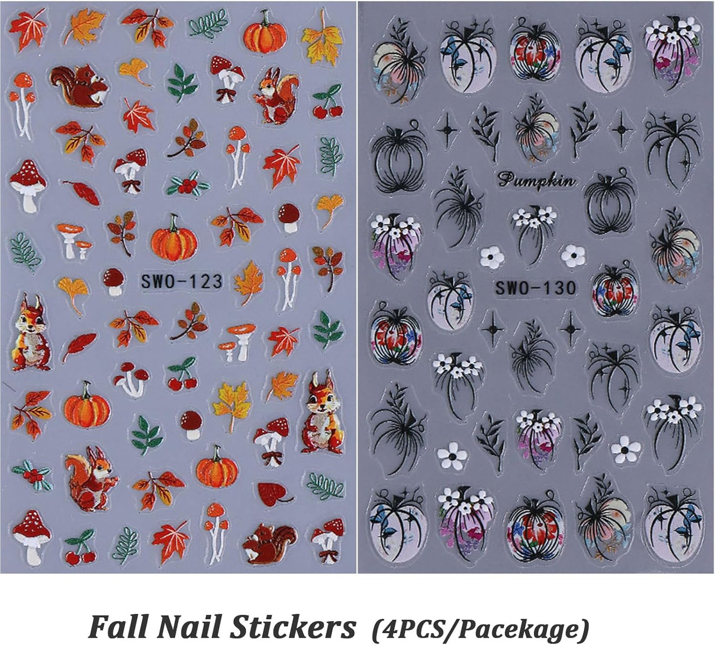 Fall Nail Stickers 5D Pumpkins Nail Decals 4PCS Self-Adhesive Embossed Halloween Nail Art Maple Leaf Mushroom Fox Design Holiday Nail Charms Autumn Thanksgiving Day DIY Manicure Supplies for Women