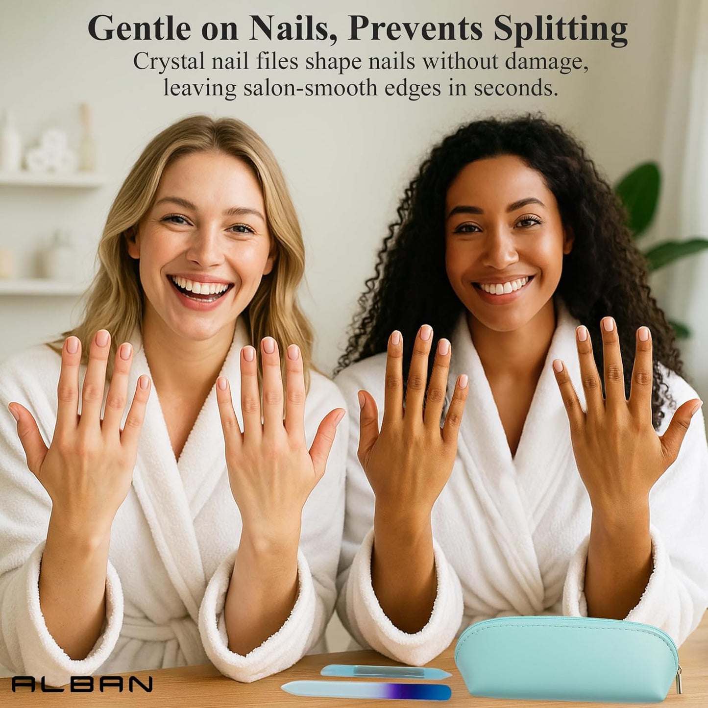 Alban Czech Glass Nail File Set with Manicure Stick & Vegan Leather Cosmetic Case (Royal Blue & Purple Nail Files, Light Blue Manicure Stick & Cosmetic Case)