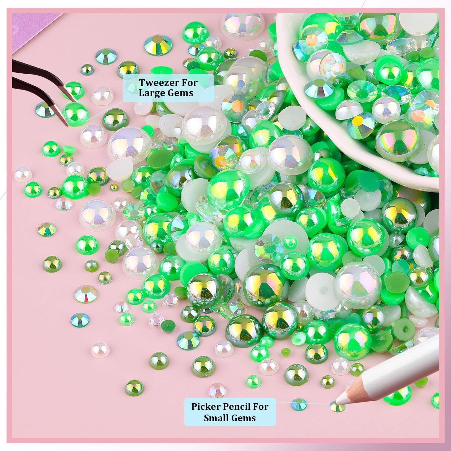9000Pcs Flatback Pearls and Rhinestones for Crafting, Green White Mixed Size 3-8mm Resin Rhinestones and Half Pearls for Bedazzling, Nail Art and Decoration with 3pcs B7000 Jewelry Glue