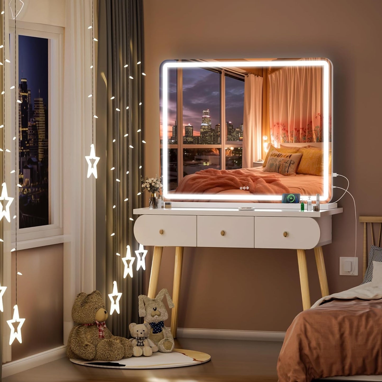 Hasipu Vanity Mirror with Lights, 39.4" x 30" LED Makeup Mirror, Lighted Makeup Mirror with Dimmable 3 Modes, Touch Screen Control Vanity Mirror Round White