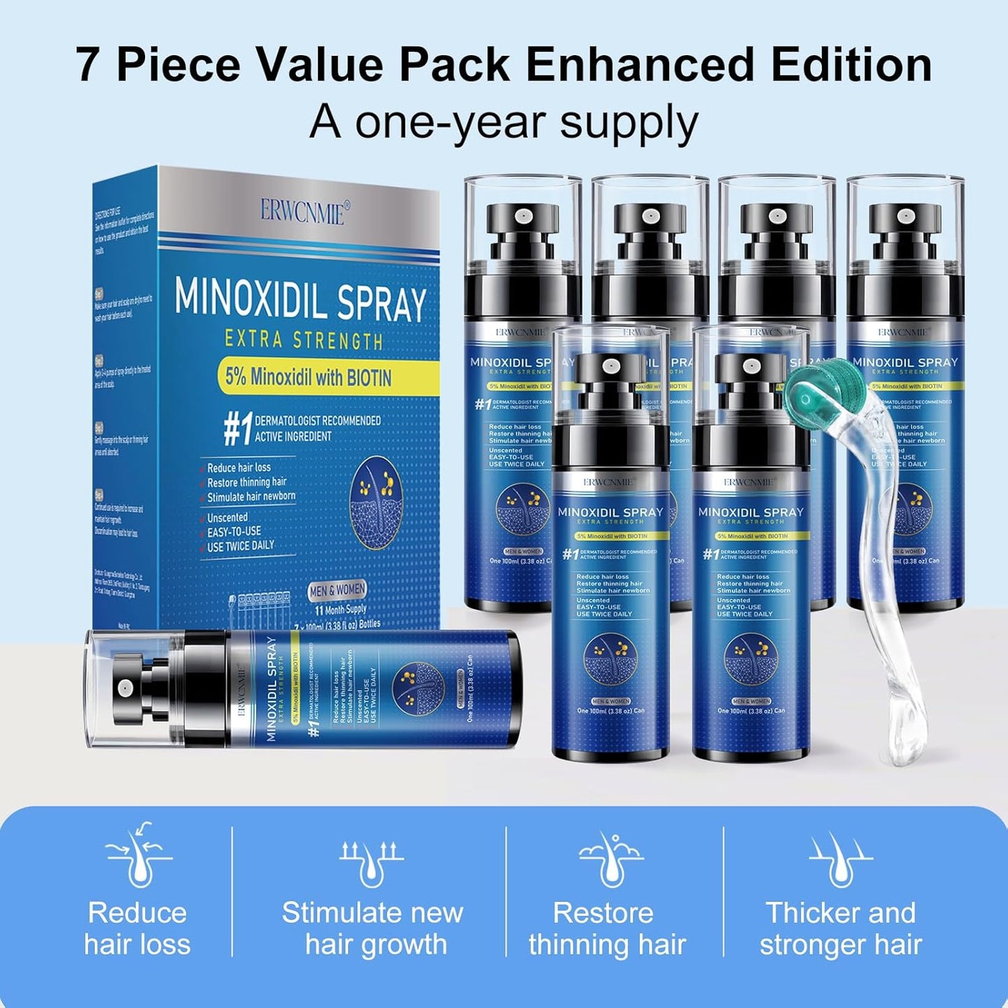 5% Minoxidil Spray for Men and Women-7 pack, Infused with Biotin, Beard Growth, Extra Strength Treatment to Combat Hair Loss and Thinning, and Fuller Hair & Beard (11 Month Supply, Extra Strength)