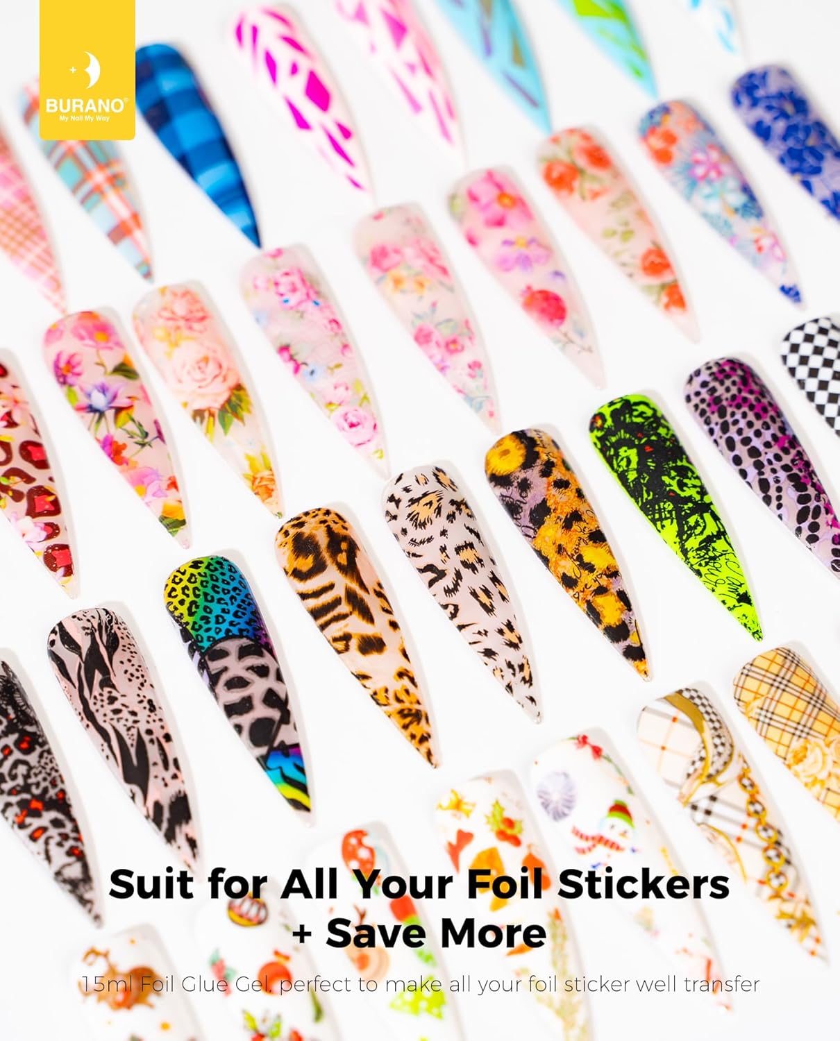 BURANO Nail Art Nail Foil Glue Gel, o.5 oz with 10PCS Foil Stickers Set Nail Foil Glue for Nails Foil Transfer Gel, Nail Design Home DIY UV LED Lamp Required (Marble Glitter) 22