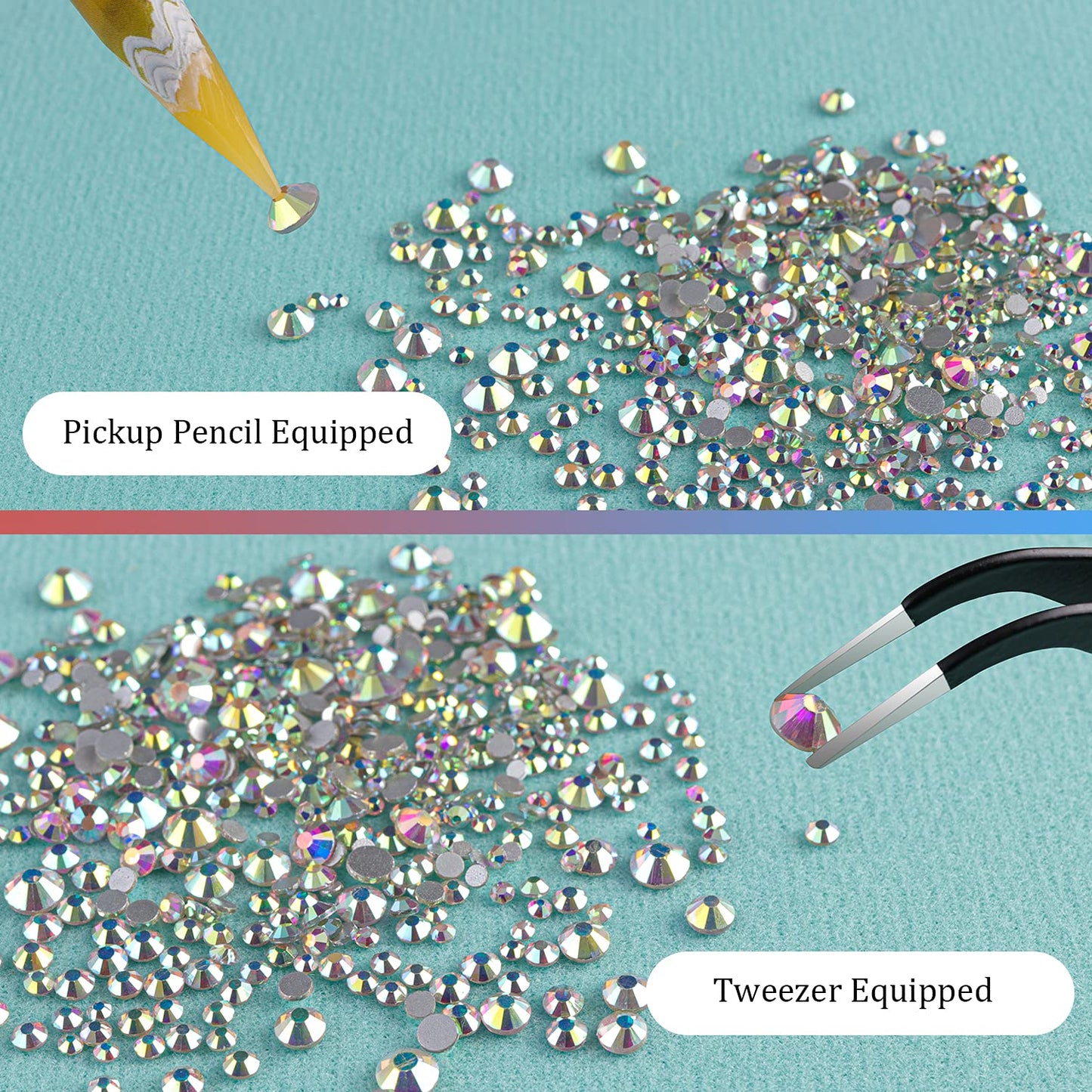 6 Sizes AB Glass Crystal Kit with Pickup Pen + Tweezer Tools for Iridescent Shine Nail Art Manicure Makeup DIY Decoration Flatback Round Rhinestone Gem Jewelry Diamond