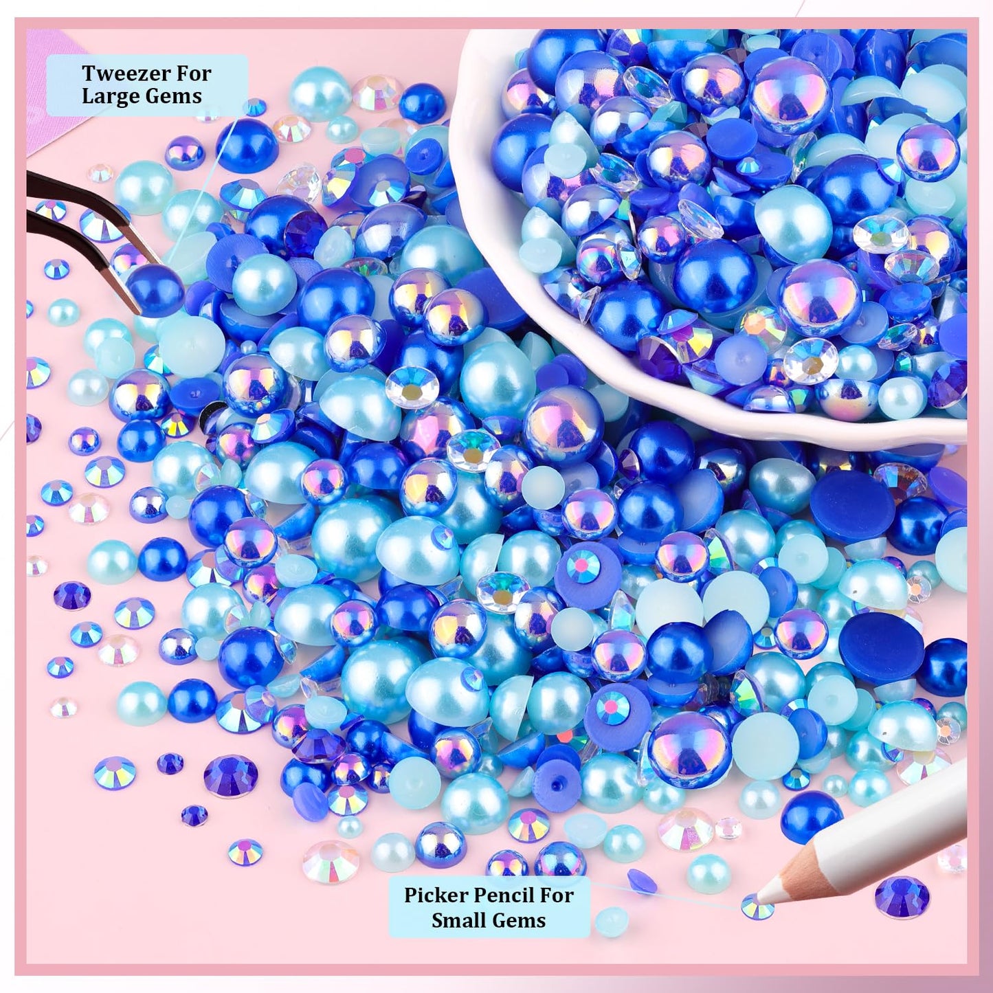 9000Pcs Flatback Pearls and Rhinestones for Bedazzling, Blue Series Mixed Size 3-8mm Resin Rhinestones and Half Pearls for Crafting, Nail Art and Grad Cap Decoration with 3pcs B7000 Jewelry Glue