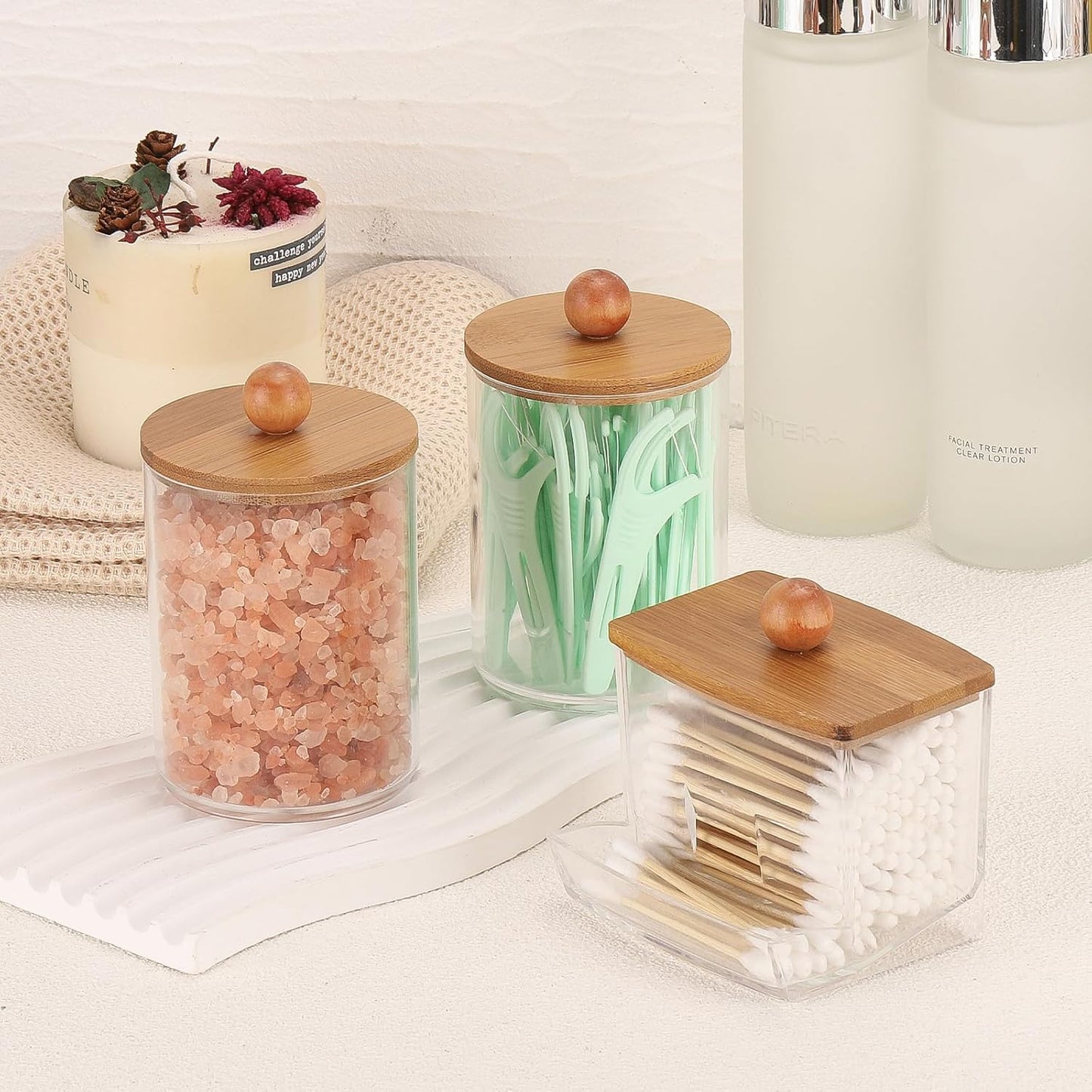 Tbestmax Qtips Holder Dispenser, 10/7 oz Cotton Ball/Swabs Storage Containers, Apothecary Jars for Bathroom Organizer Bambooo Lids