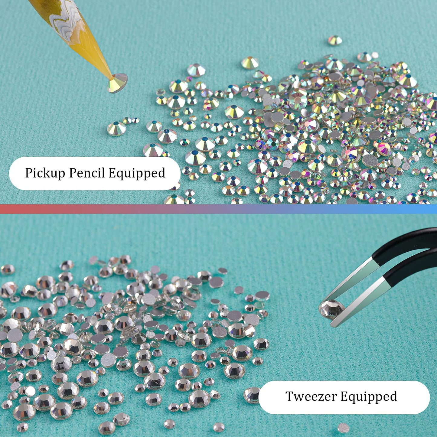 3440pcs 6 Sizes Transparent White and AB Glass Crystal Kit with Pickup Pen + Tweezer Tools for Iridescent Shine Nail Art Manicure Makeup DIY Deco Flatback Round Bead Rhinestone Gem Jewelry Diamond