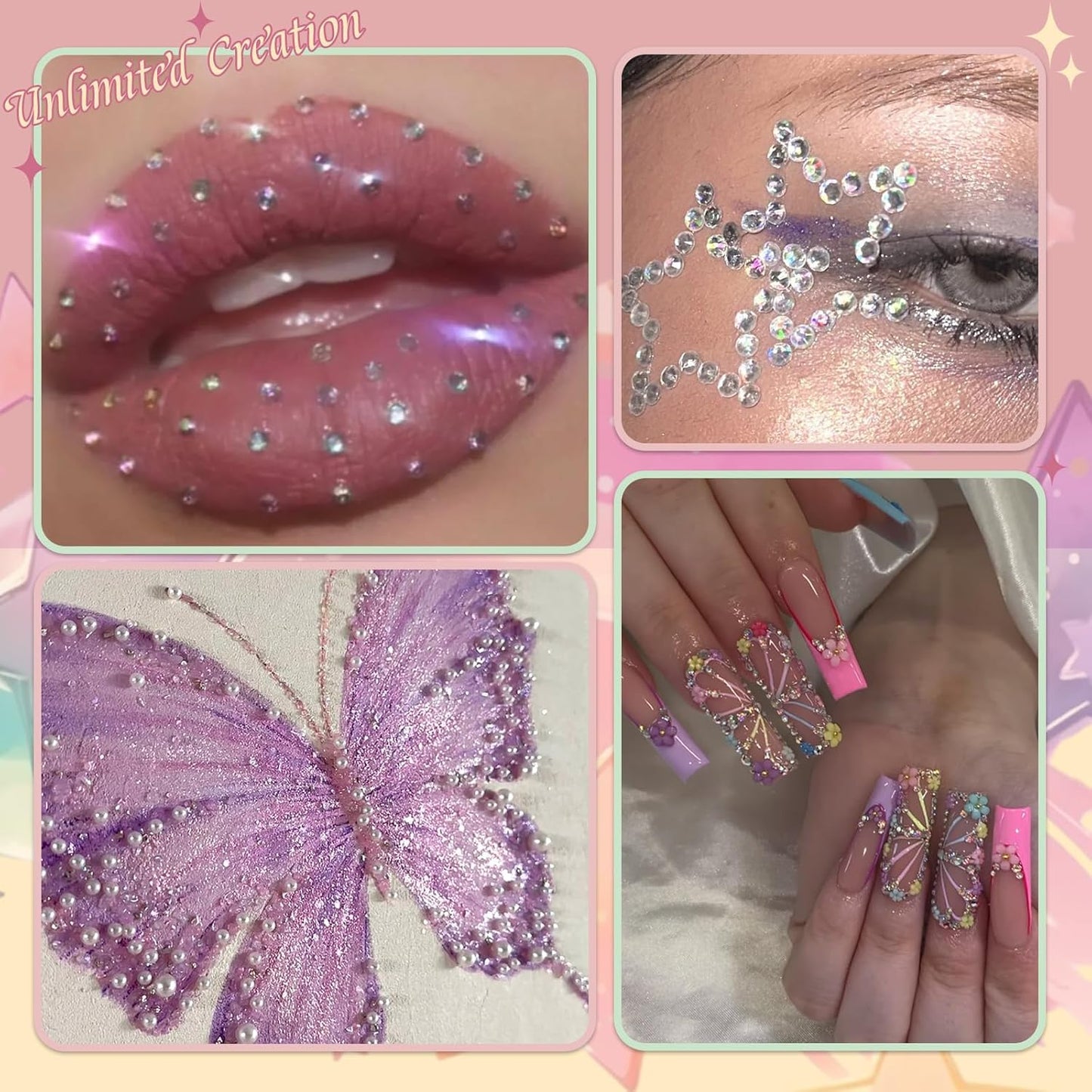 Nail Rhinestones , AB Crystal Nail Gems Flat Back Nail Rhinestones with Nail Pearls Star Heart Bows FLower Nail Charms and Rhinestone Picker Tools for Kwaii Y2K Nail Art Decor - 3 Boxes