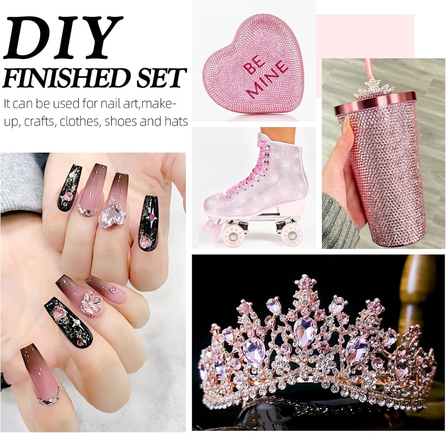 Pink Flatback Rhinestones, Glass Rhinestones for Nail Art and Craft, Glue Fix, Loose Crystal Gemstones(Pink, SS8, 1440pcs, 2.3-2.5mm)