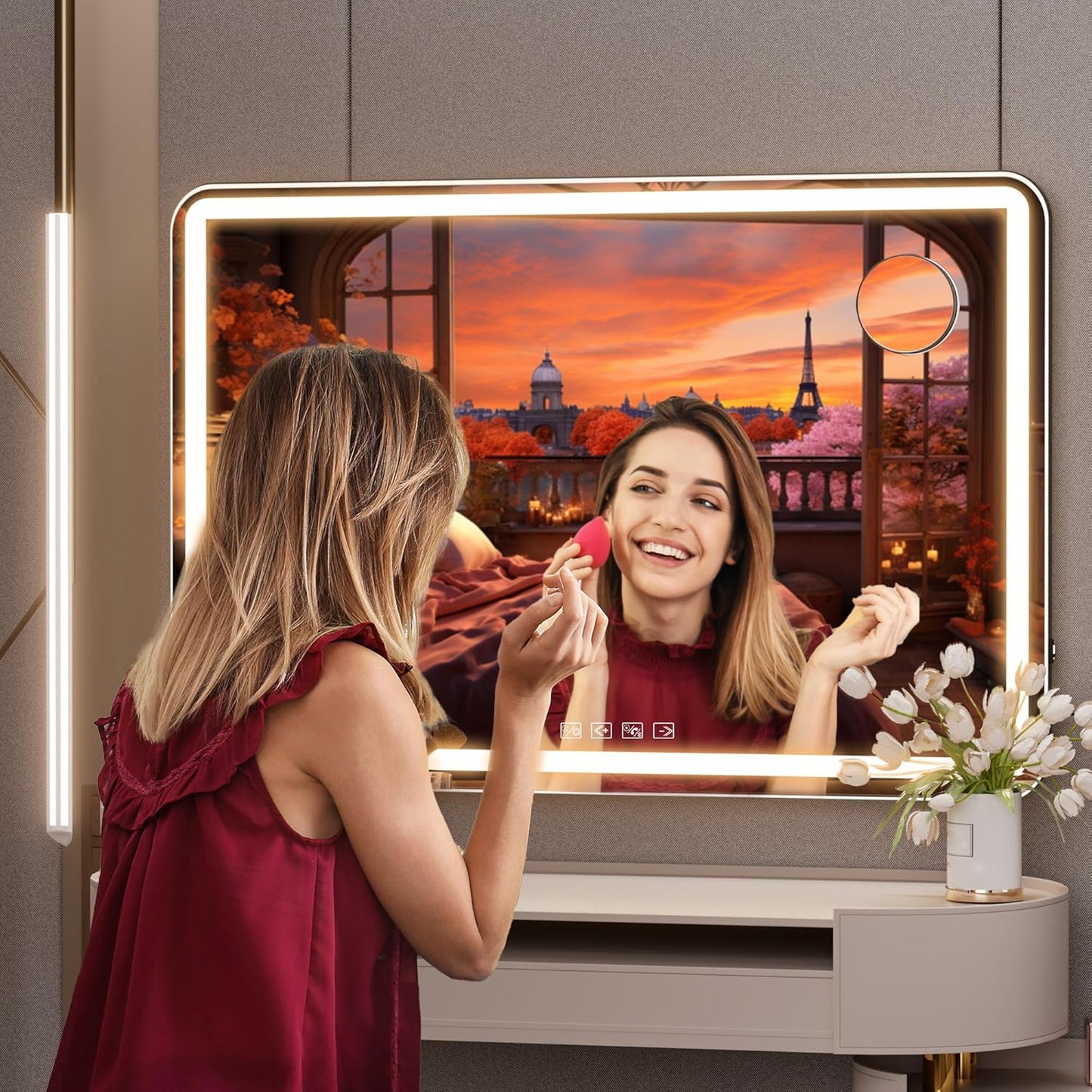 Hasipu Vanity Mirror with Lights and Bluetooth Speaker, 32" x 21.7" LED Makeup Mirror, Lighted Makeup Mirror with Dimmable 3 Modes, USB Charging Port, Round Black
