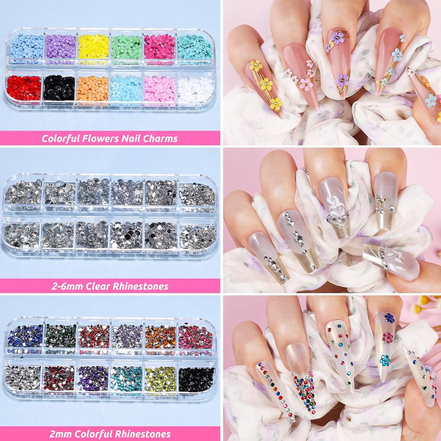 Nail Art Kit for Beginners with Nail Brushes Set and Dotting Tools, Jumbo Holographic Glitter Sequins 2-6mm Rhinestones 3D Colorful Flowers Metal Studs Striping Tape with Tweezers (04-Black)