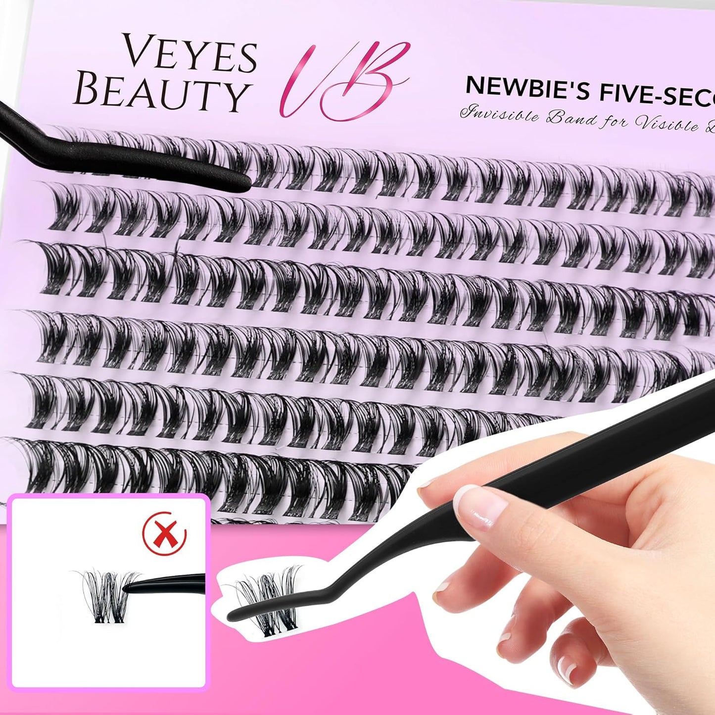 VEYESBEAUTY Lash Clusters Individual Eyelash Extensions Thin & Invisible Band DIY False Eyelashes for Self-application Newbie's Five-Second Series Wispy Lash Tray, Ribbon 8-16mm Mixed Length