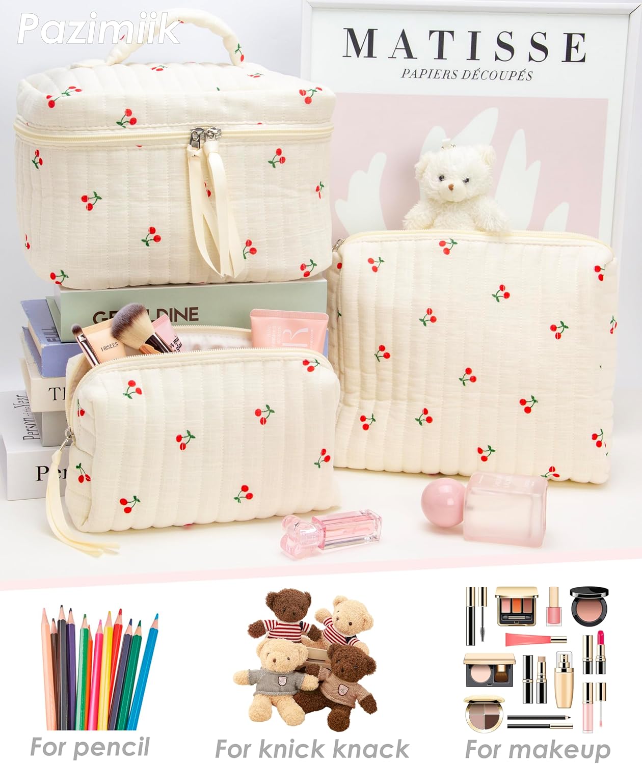 PAZIMIIK 3PCS Makeup Bag SET Large Travel Quilted Zipper Soft Cosmetic Case Pouch for Women Girls Make Up,Cherry Beige