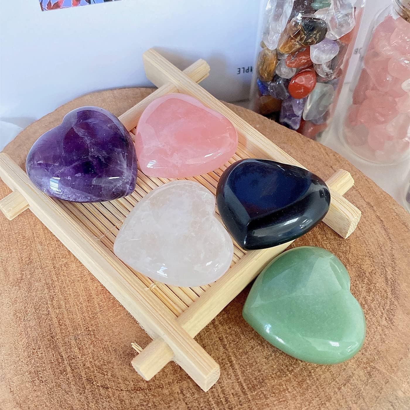 QINJIEJIE 5Pcs 1.2" Rose Quartz Heart Crystals Amethyst Healing Crystal Love Stone Polished Thumb Palm Natural Worry Gemstones Reiki Balancing