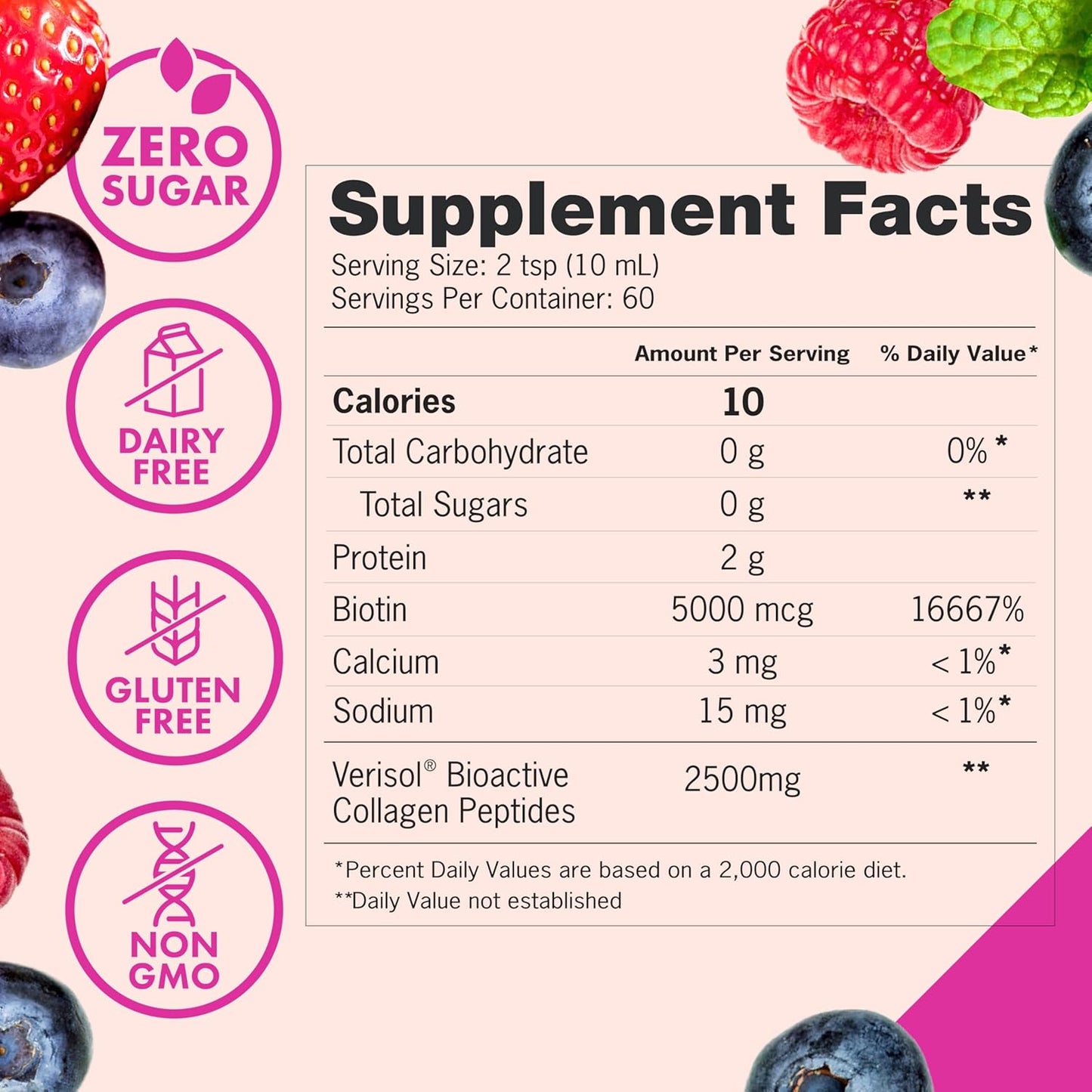 Zena Nutrition Liquid Collagen Peptides and Biotin, 2500mg Verisol Bioactive Collagen Peptides, 5000mcg Biotin, Hair, Skin, Nail Supplement for Women and Men, Mixed Berry, 60 Servings, 20.3 fl oz