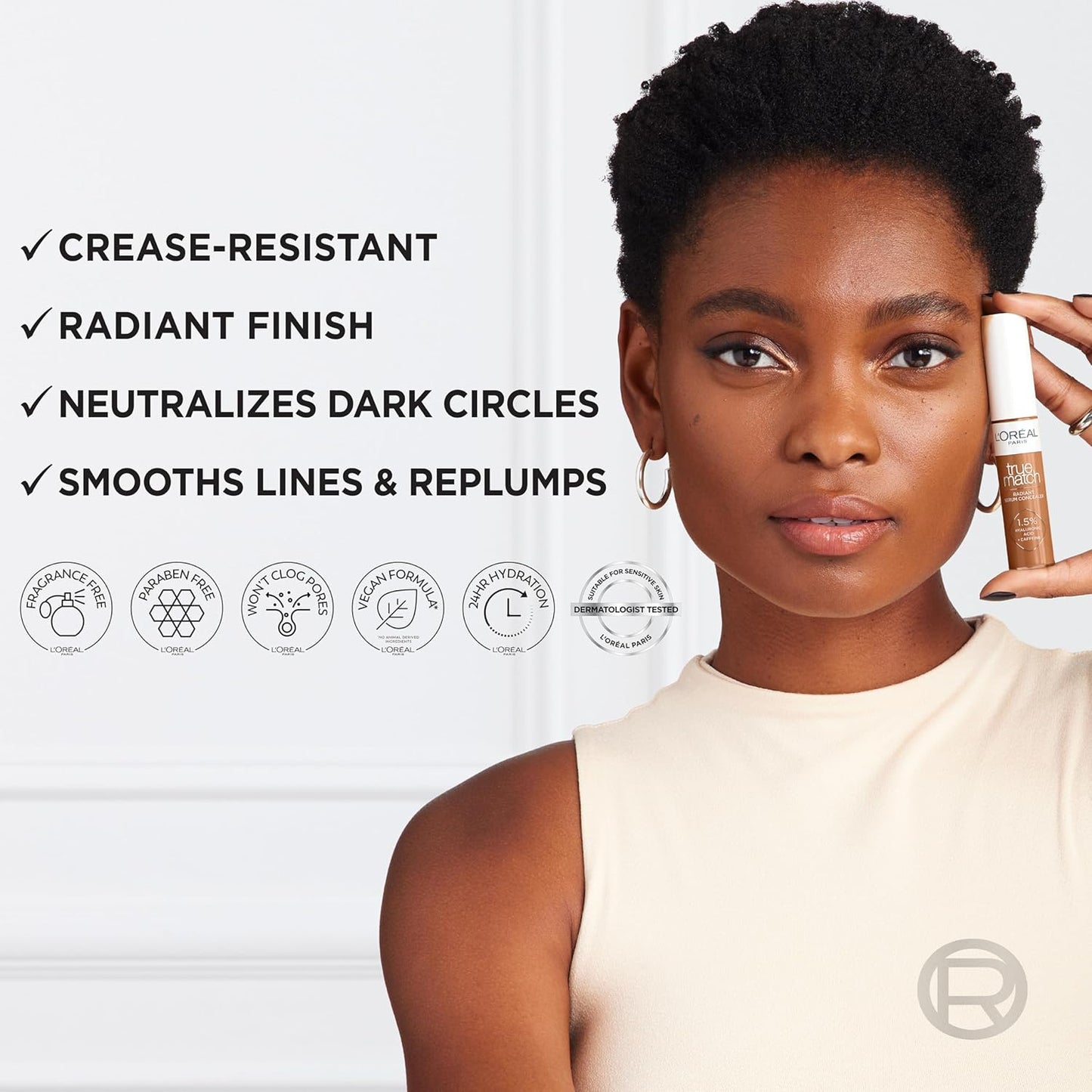 L’Oréal Paris True Match Radiant Serum Concealer, Brightening Under Eye Concealer Make Up with 1.5% Hyaluronic Acid and Caffeine, N8, 0.33 Oz