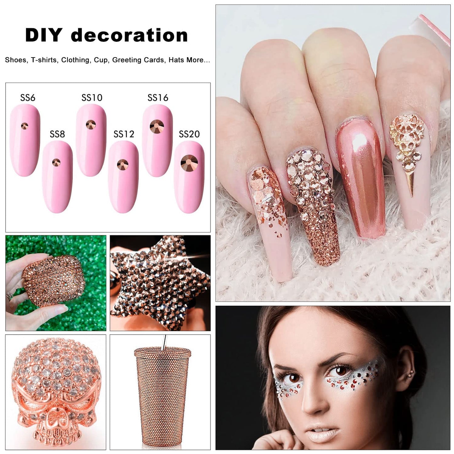 4240Pcs Rosegold Flatback Rhinestones 6 Sizes Crystal Diamonds for Nail Art Crafts Clothes Shoes with Tweezers and Picking Pen